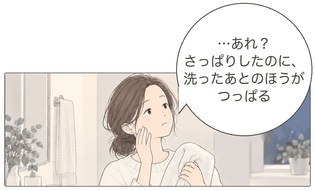 4コマ漫画の2コマ目。タオルを持ったミナが頬をさわって首をかしげ「…あれ？さっぱりしたのに、洗ったあとのほうがつっぱる」。