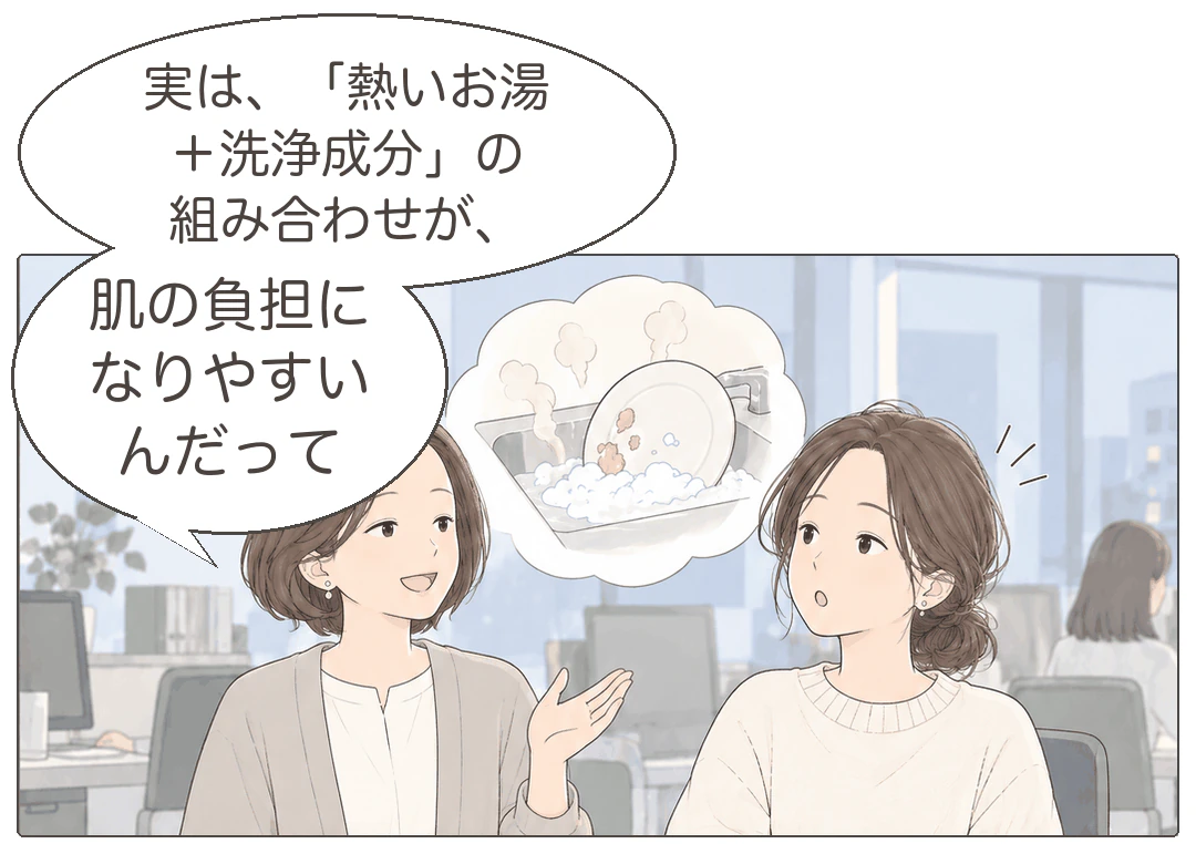 4コマ漫画の3コマ目。翌日のオフィスで、ハダ先輩がお湯に洗剤を溶かしてお皿の油汚れが落ちるイメージを示しながら「実は、『熱いお湯＋洗浄成分』の組み合わせが、肌の負担になりやすいんだって」。ミナは驚いた表情。