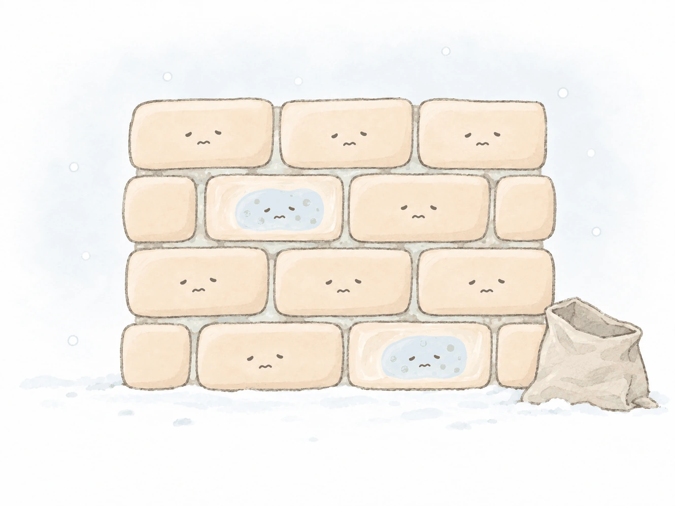 冬の角層のイメージイラスト。雪の降る中、すき間のセメントがうすくなった塀で、レンガたちが少し疲れた表情をしている。そばには中身がほとんど残っていないセメントの袋が置かれている。