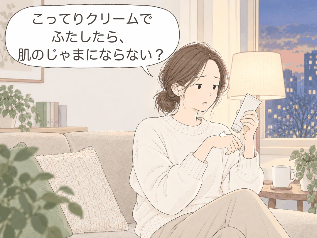4コマ漫画の2コマ目。ミナが無地の白いチューブからクリームを手の甲に出し、少し困った表情で「こってりクリームでふたしたら、肌のじゃまにならない?」。