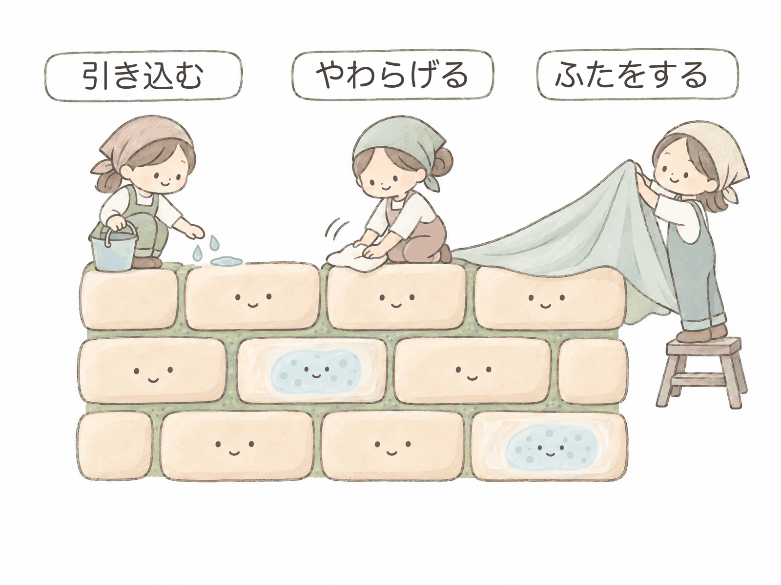 保湿剤の3つの役割を、レンガの塀の上で働く3人の働き手にたとえたイラスト。左の働き手はバケツの水を塀にたらし「引き込む」、まん中の働き手は塀の上を布でふいて表面をならし「やわらげる」、右の働き手は大きな布を塀にかぶせて「ふたをする」。レンガには点の目と口のやさしい顔が描かれ、いくつかのレンガの中には水色のスポンジが見える。