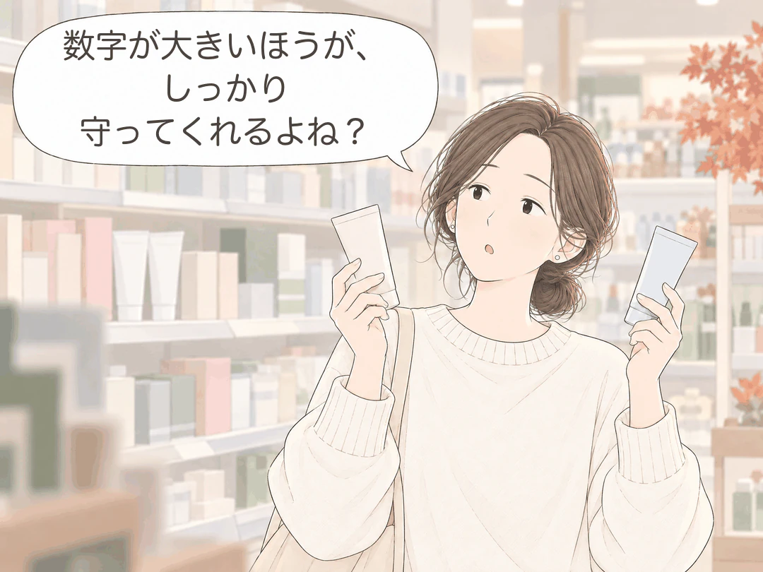 4コマ漫画の1コマ目。ドラッグストアの棚の前で、ミナが無地のチューブを両手に1本ずつ持って見比べながら「数字が大きいほうが、しっかり守ってくれるよね?」。