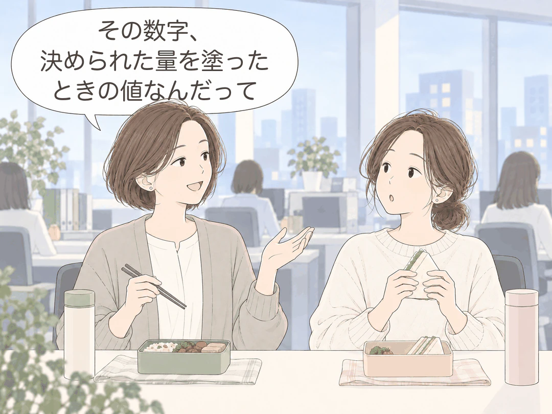 4コマ漫画の3コマ目。オフィスでお昼を食べながら、ハダ先輩が笑顔で手を広げて「その数字、決められた量を塗ったときの値なんだって」。サンドイッチを持ったミナは驚いた表情。