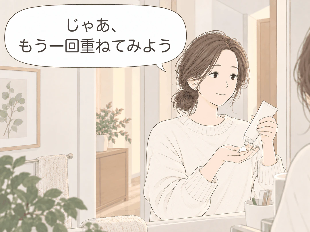 4コマ漫画の4コマ目。洗面所の鏡の前で、ミナが無地のチューブから手のひらにもう一度クリームを出し、ほほえみながら「じゃあ、もう一回重ねてみよう」。