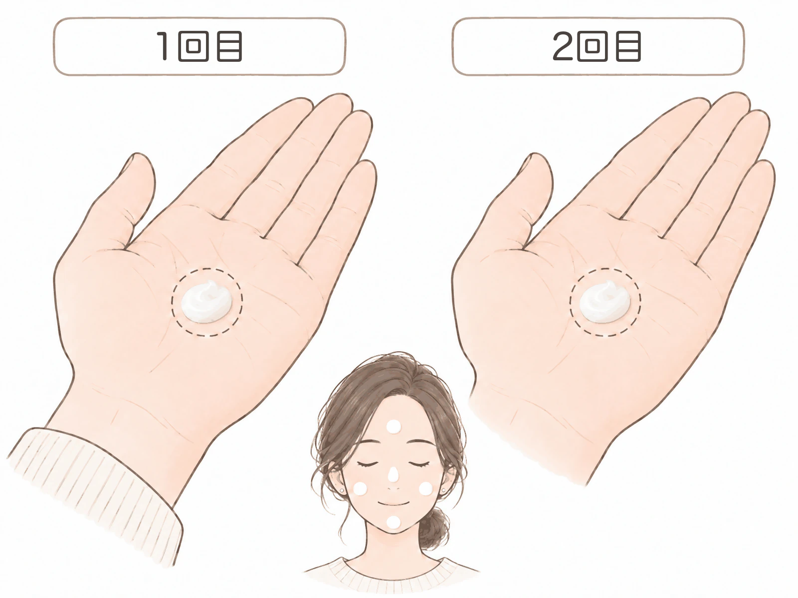 2つの手のひらを並べたイラスト。左の「1回目」と右の「2回目」の手のひらには、同じくらいの量の白いクリームが点線の円の中にのっている。下には目を閉じた女性の顔があり、額、鼻の上、両頬、あごにクリームが少しずつ置かれている。