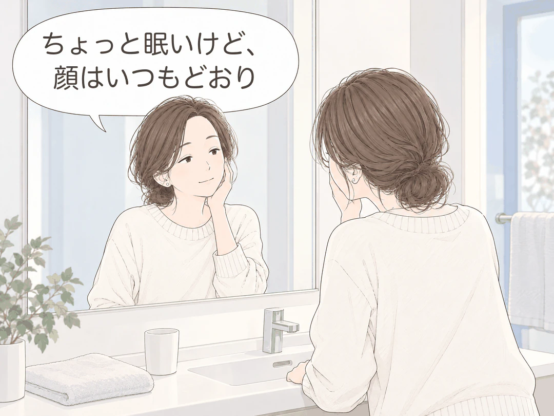 4コマ漫画の2コマ目。朝、洗面台の鏡の前で、ミナが頬に手を当て、鏡に映る自分にほほえみながら「ちょっと眠いけど、顔はいつもどおり」。
