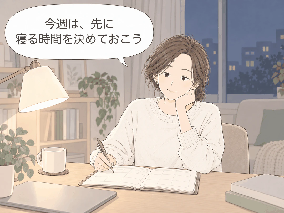 4コマ漫画の4コマ目。夜、同じ机で、ミナがほおづえをついて穏やかな表情で、開いた手帳にペンで書き込みながら「今週は、先に寝る時間を決めておこう」。