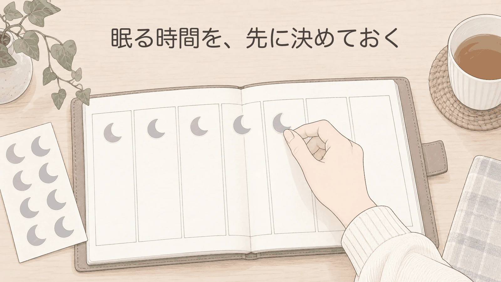 机の上に開いた週間手帳のイラスト。縦に並んだ欄に、月の形のシールが左から1枚ずつ貼られていて、白いニットの袖の手が次のシールを貼っている。右側の欄はまだ空いている。上には「眠る時間を、先に決めておく」の文字。左にはシールのシート、右上にはお茶の入ったカップがある。